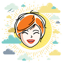 Caucasian woman face expressing positive emotions, vector human head illustration. Attractive redhead female with stylish haircut.