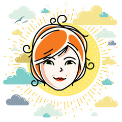 Beautiful women face, human head. Vector redhead character, attractive lady face features.