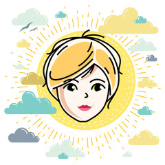 Beautiful women face, human head. Vector character, attractive blonde lady face features.