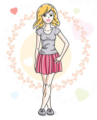 Young beautiful blonde woman adult standing on colorful background with Valentine hearts in modern casual clothes. Vector nice lady illustration.