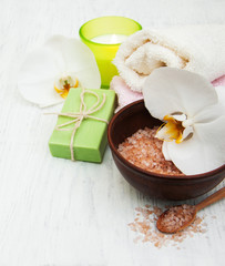 Orchids, candle, towel and handmade soap