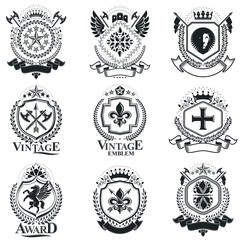 Fototapeta na wymiar Heraldic signs, elements, heraldry emblems, insignias, signs, vectors. Classy high quality symbolic illustrations collection, vector set.