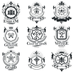 Heraldic signs, elements, heraldry emblems, insignias, signs, vectors. Classy high quality symbolic illustrations collection, vector set.