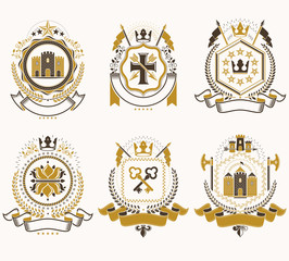 Vector vintage heraldic Coat of Arms designed in award style. Medieval towers, armory, royal crowns, stars and other graphic design elements collection.