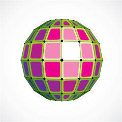 Vector dimensional wireframe low poly object, spherical green facet shape with black grid. Technology 3d mesh element made using squares for use as design form in engineering.