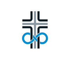 Obraz premium True Infinite Christian Belief in God, vector creative symbol design, combined with infinity eternal loop and Christian Cross, vector logo or sign.