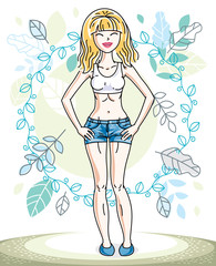 Obraz na płótnie Canvas Attractive young blonde woman standing on background of spring landscape and wearing stylish casual clothes. Vector human illustration.