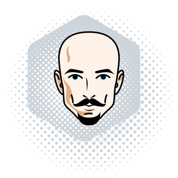 Vector illustration of handsome hairless male face with mustache and beard, positive face features, clipart.