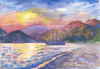 Sunset. Ship at sea coast. Watercolor painting - 162915733