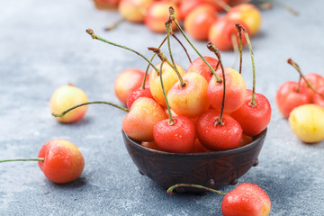 Red and yellow Rainier cherries with drops of water in a clay bowl on the gray concrete surface. Selective focus
