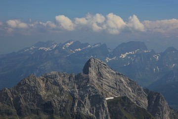 Summer day in the Swiss Alps, view from Mount Santis.