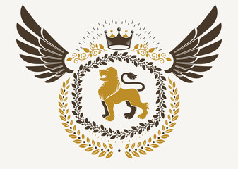 Vintage winged emblem created in vector heraldic design and composed using wild lion illustration and imperial crown.