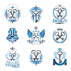Fototapeta na wymiar Ancient Keys emblems set. Heraldic Coat of Arms decorative logos isolated vector illustrations collection.
