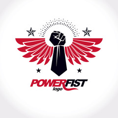 Strong fist of an active sportsman vector symbol created using eagle wings and stars. Fighting club abstract emblem.
