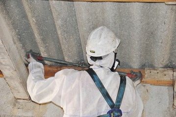 Desmontando tejado de fibrocemento con amianto en Estación Eléctrica 