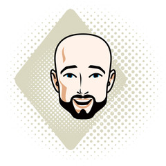 Man face, human head. Vector character wearing whiskers and beard, handsome bald male.