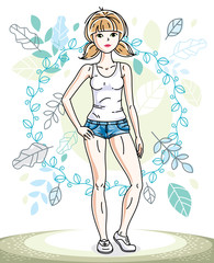 Happy pretty young blonde woman standing on background of spring ecology landscape with delicate blue leaves and wearing fashionable casual clothes. Vector character.