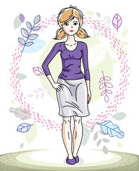 Happy young blonde woman posing on background of spring landscape and wearing fashionable casual clothes. Vector attractive female illustration. Springtime fashion and lifestyle theme cartoon.