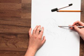 From above hands of person making a draw with a pencil. Horizontal indoors shot. Drawing lessons, art school, young artist concept