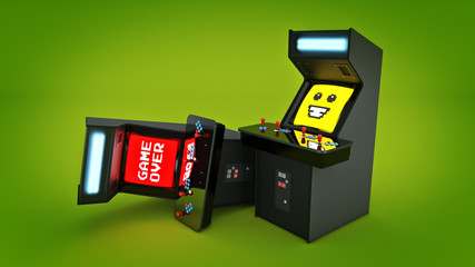 vintage arcade game machine concept game over. 3D rendering