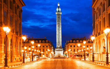 Fototapeta na wymiar The Vendome column , the Place Vendome at night, Paris, France.