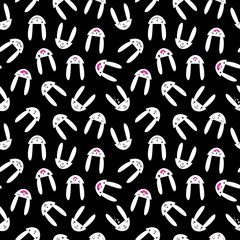 Seamless pattern with cute Easter bunny faces with happy and lovely emotions, hand-drawn white rabbits with various expressions, EPS 10