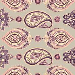 Paisley seamless pattern with flowers in Indian style. Floral vector wallpaper
