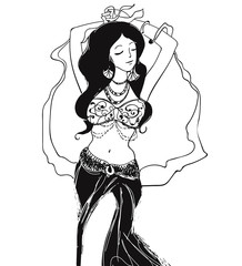 Vector oriental bellydance, black on white background illustration. Arabian tribal dancing woman with long hair.