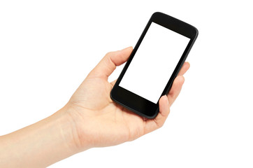 Female hands hold a cell phone, mockup template. Isolated on white background