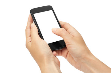 Female hands hold a cell phone, mockup template. Isolated on white background