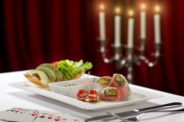 close  up view of nice yummy meal  on color  back