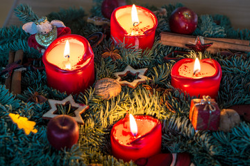 Advent wreath with lit candles from above