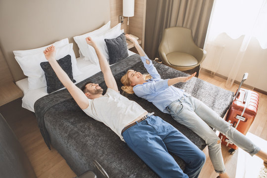 Young couple travel together hotel room leisure