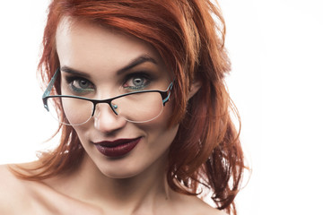 Eyewear glasses woman portrait isolated on white. Spectacle frame type 6