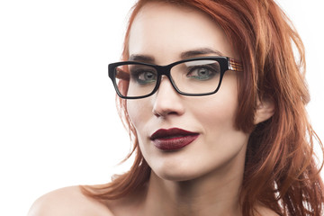 Fototapeta na wymiar Eyewear glasses woman portrait isolated on white. Spectacle frame type 7