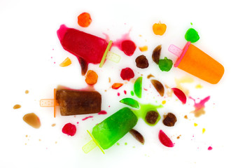 Melting of set fruit ice cream on white background,ice cream favorite dessert in the summer.