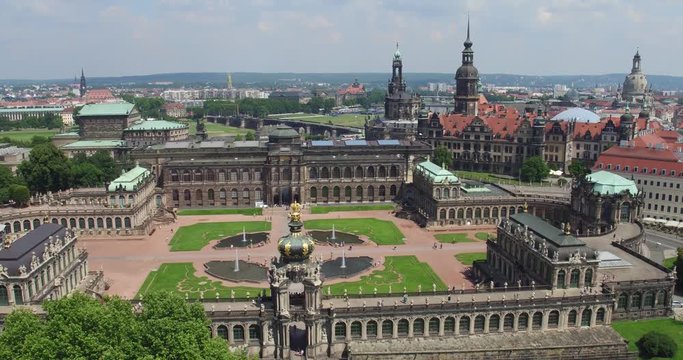 Dresden Zwinger total view and slow aerial filming with Dresden skyline in the background 