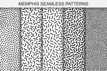 Collection of memphis seamless patterns. Black and white textures. Trendy fashion design 80-90s.