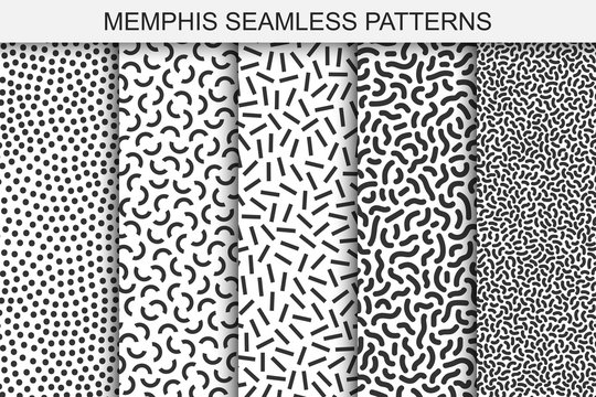 Collection of memphis seamless patterns. Black and white textures. Trendy fashion design 80-90s.