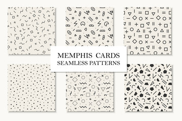Collection of seamless memphis geometric patterns, cards. Mosaic shapes design. Retro fashion style 80 - 90s.