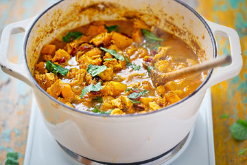 Moroccan tajine - fried chicken with pumpkin cranberries, feta and mint