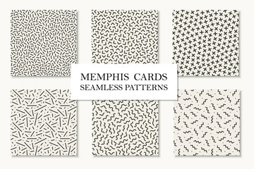 Collection of seamless memphis patterns, cards. Mosaic textures. Retro design 80 - 90s.