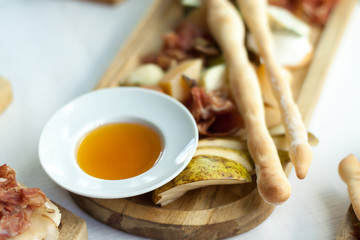 Delicious variety of mediterranean dishes. Antipasti appetizing snacks set.