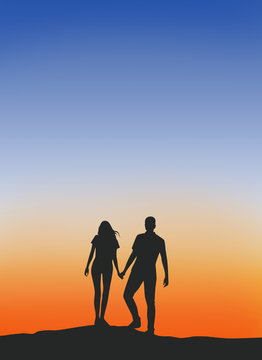 Male and female couples  Walking hand in hand warm silhouette .