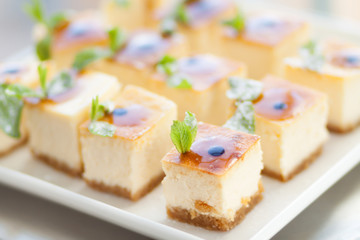 Appetizing cheesecake with mint leaves. Delicious sliced dessert on white plate.
