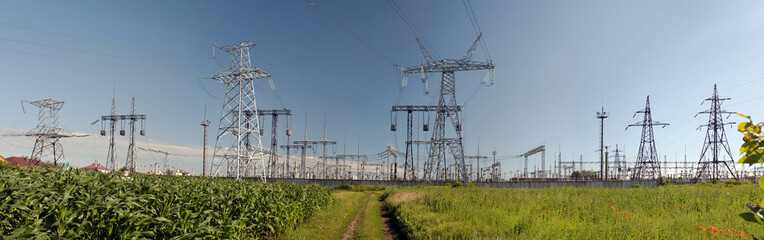 Panorama of high voltage substation. Distribution electrical power.