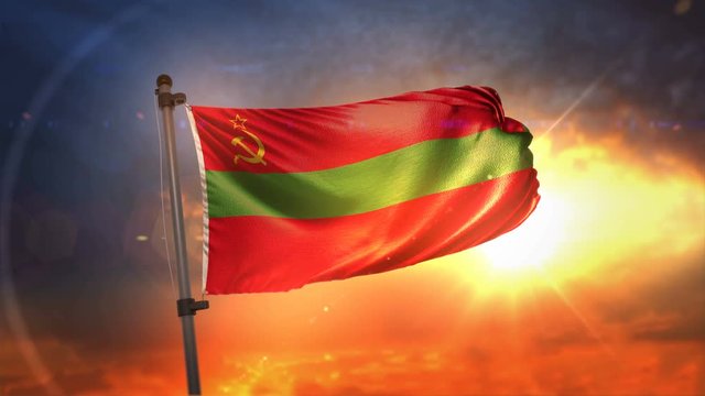 Transnistria Flag Backlit At Beautiful Sunrise Loop Slow Motion 4K