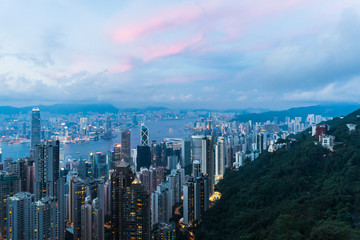 Hong kong china cityscape in the evening from victoria peak