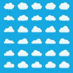 Cloud vector icon set white color on blue background. Sky flat illustration collection for web, art and app design. Different nature cloudscape weather symbols.