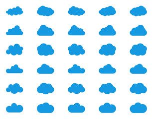 Cloud vector icon set Blue color on white background. Sky flat illustration collection for web, art and app design. Different nature cloudscape weather symbols.
